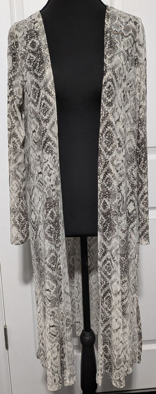 Iris Gray Taupe Snakeskin Print Open Front Maxi Long Duster Cardigan sz Small